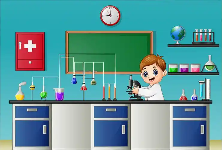 卡通男孩在实验室用显微镜做实验图片