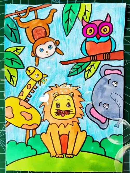 创意画40动物主题画森林动物大聚会
