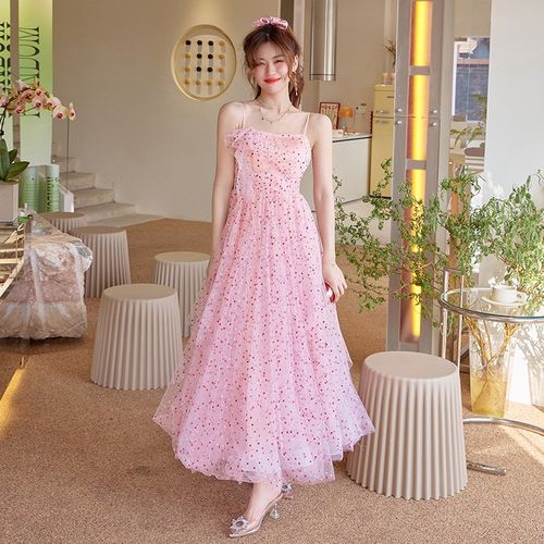 粉色加长吊带连衣裙仙女高级感及踝波点赵丽颖抹胸裙礼服聚会公主