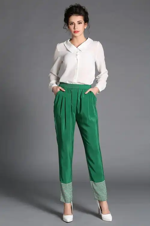 欧美 女装 时尚真丝 条纹宽松休闲裤