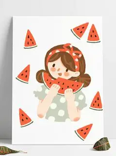 手绘卡通免扣素材夏天吃西瓜的可爱小女孩