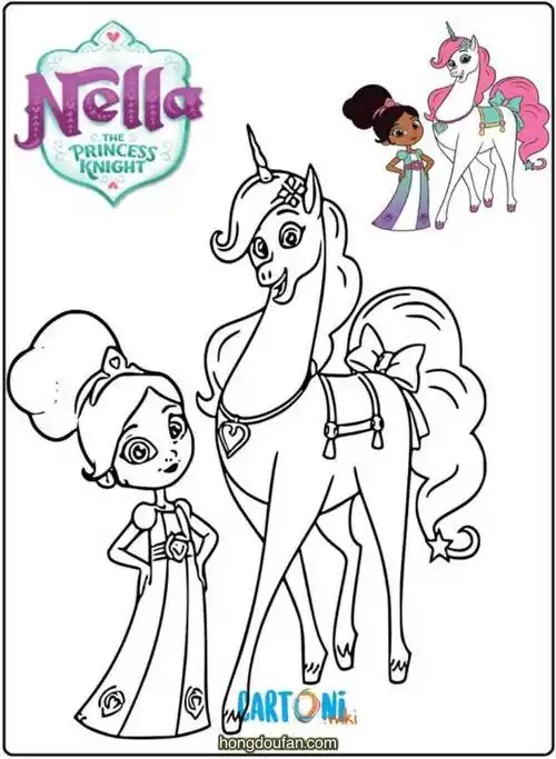 粉色头发的独角兽和小公主在线涂色图片大全-红豆饭小学生简笔画大全