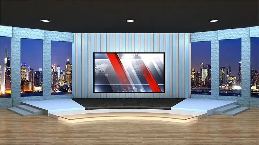 0 个评论 0 翻译 夜景城市窗口加上蓝色舞台,适用于新闻,采访节目等