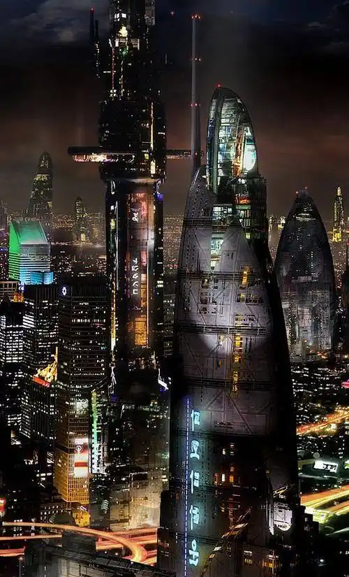 《攻壳机动队》中展示的赛博朋克风格的城市.