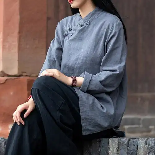 复古棉麻太极服女上衣 斜襟盘扣中长款太极拳练功服武术服外套