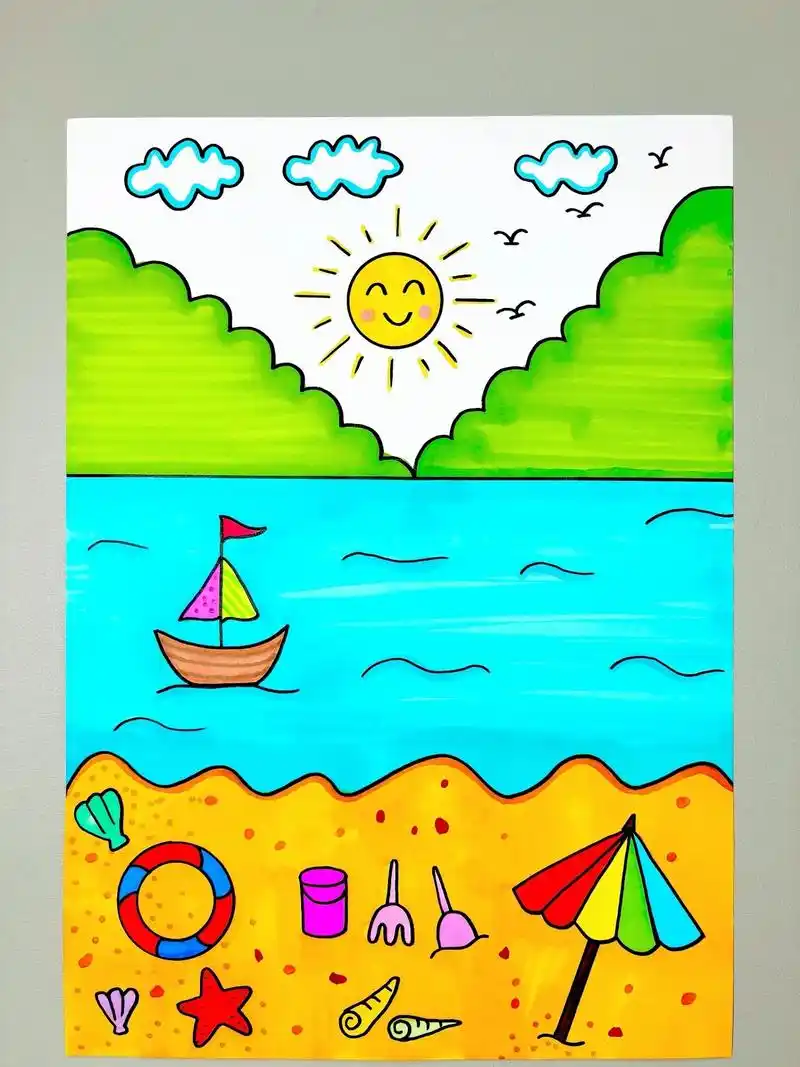 夏天主题画—夏日海滩.夏天来了,带孩子去海边玩沙子吧,让清凉 - 抖音