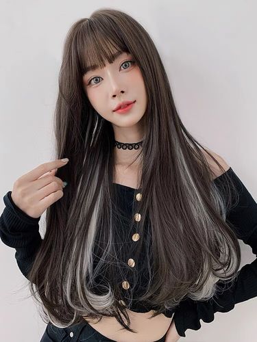 宸芃女长卷发气质挑染长发挂耳染发自然逼真梨花头套 黑茶挂耳白虹色