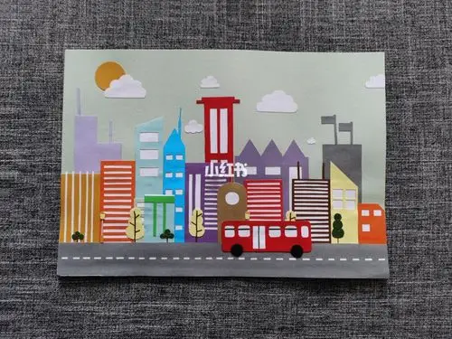 纸艺彩色卡纸城市建筑拼贴画简单创意