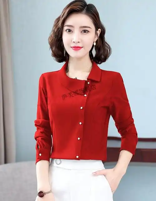 款中年女士带领子的衬衫雪纺女春装新款时尚上衣打底衬衣小衫 红色 s