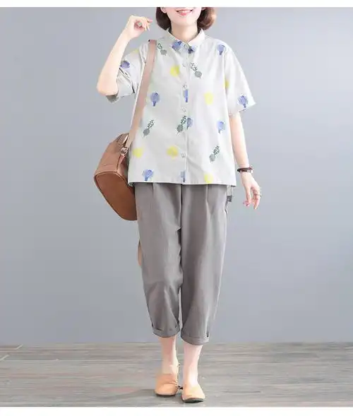 孔雀飞飞夏装新宽松大码翻领印花休闲复古棉麻套装女两件套亚麻