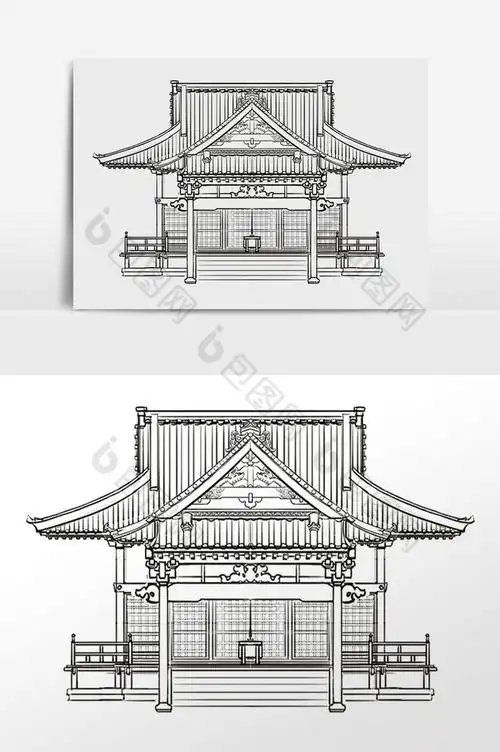 手绘线描简笔画古风房屋建筑插画图片