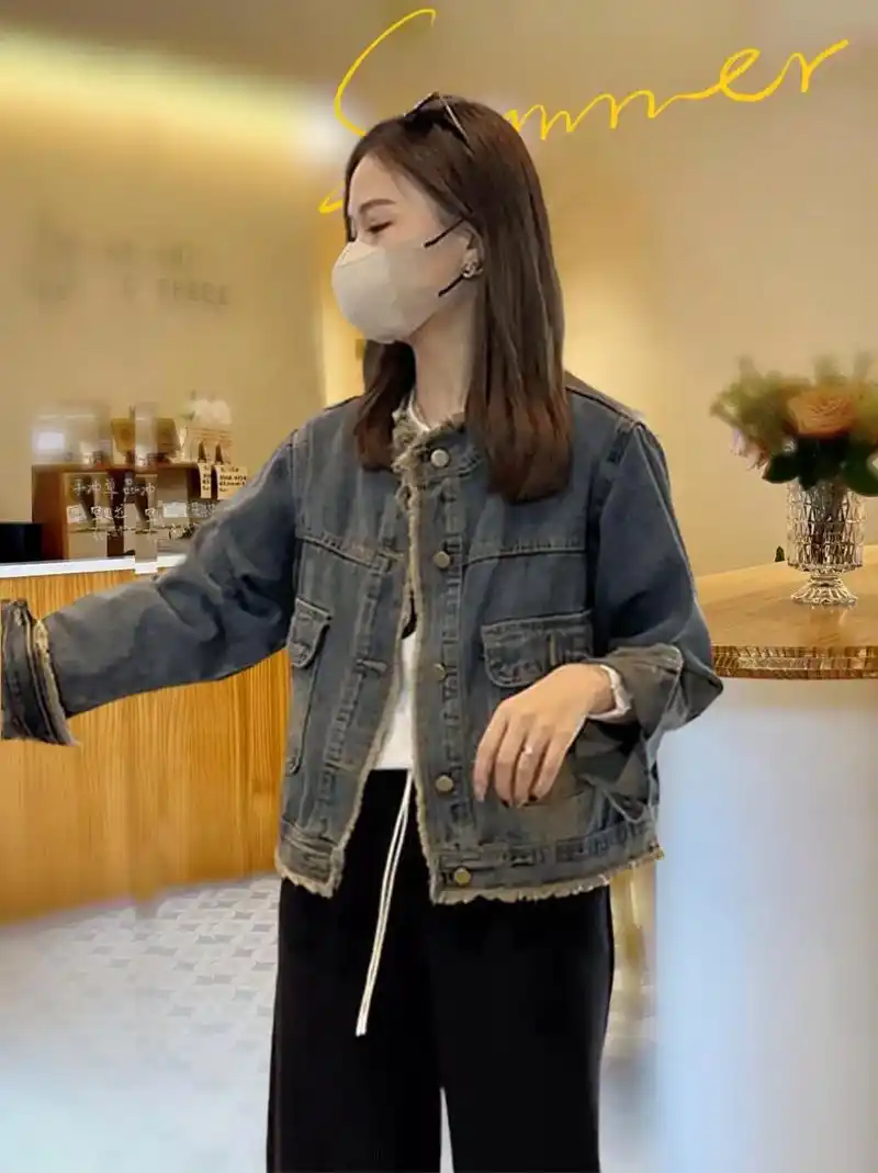 做旧复古流苏圆领长袖牛仔外套女装春季新款高级感时尚独特洋气上衣