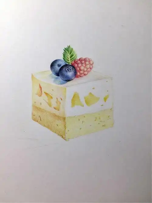 这个作品适合初学者练习体积塑造,方块蛋糕,彩铅手绘教程