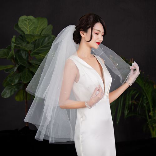 头纱多层蓬蓬短款新娘钉珠婚纱婚礼遮面双层头纱
