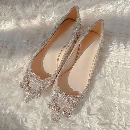 婚鞋女平底21款水晶0闪亮片2婚纱秀禾伴娘孕妇宴会56570日常可穿