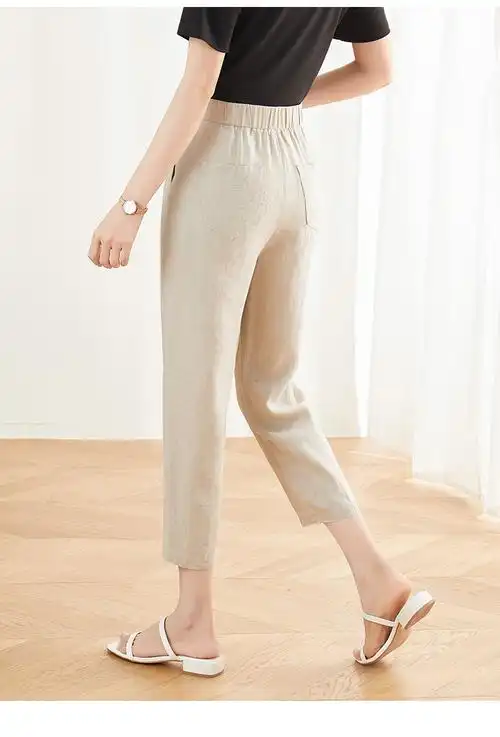 娅丽达亚麻裤子高腰休闲哈伦裤女2022夏季薄款女裤 米色(i0) 28【图片