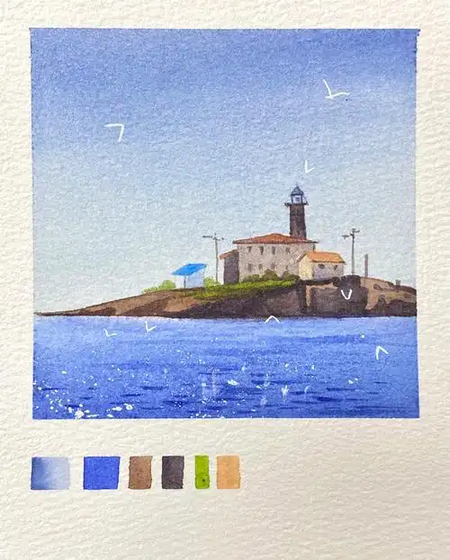 水彩风景清新浪漫的海上小岛入门图文教程