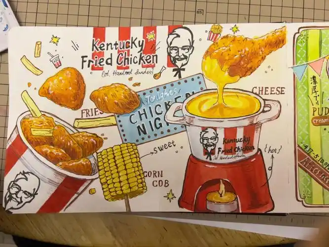 钢笔淡彩肯德基芝士锅抹茶蛋糕