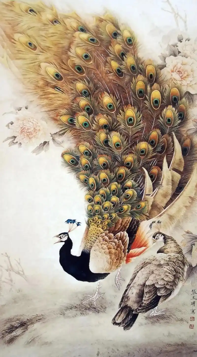 画家张玉明的国画工笔孔雀用笔细腻,用色丰富,形象生动,画功颇 - 抖音