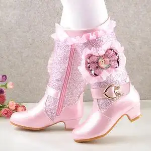 冬季新款女童高跟靴子冰雪奇缘爱莎公主靴儿童高筒长靴小女孩棉鞋