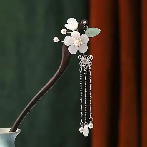 古风发簪盘发木簪琉璃花朵流苏黑檀木汉服头饰简约日常挽发女簪子