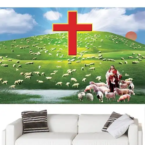 耶稣牧羊装饰画十字架圣人上帝画像客厅中堂贴画现代装饰画