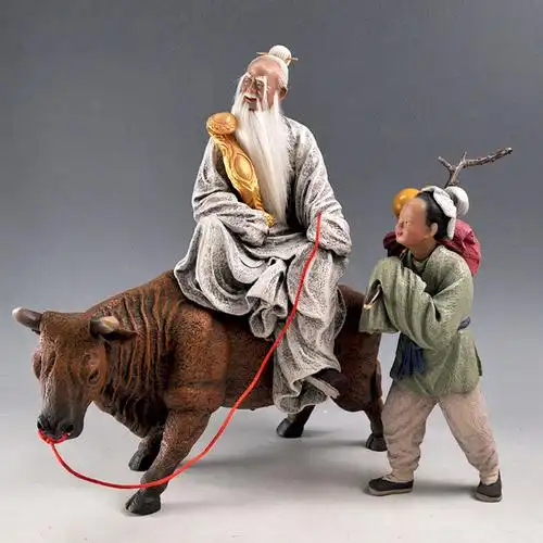 天津泥人张彩塑彩塑手工收藏品紫气东来老子出关人物泥人