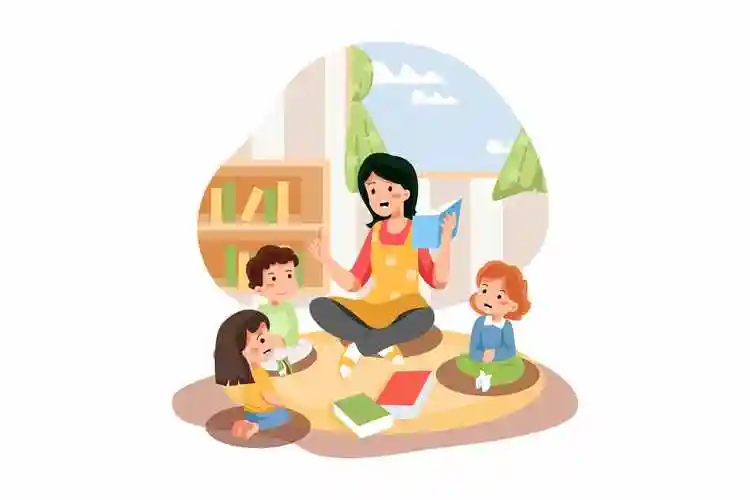 老师讲故事场景矢量插画 teacher telling stories from book to kids