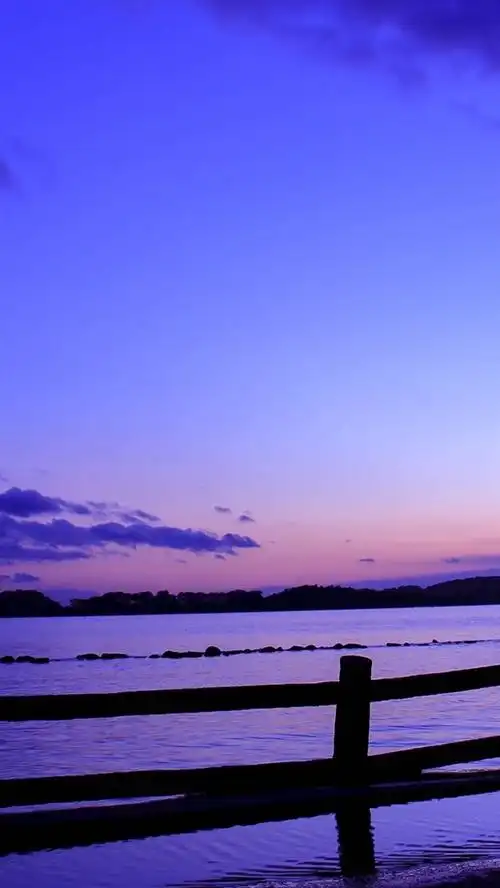 iphone 壁纸 日本,海,栅栏,傍晚,夕阳,蓝色,淡紫色的天空