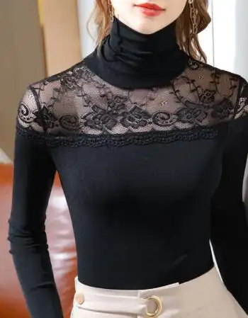 黑色蕾丝打底衫女2021秋冬新款女装堆堆领长袖t恤性感镂空弹力上衣女
