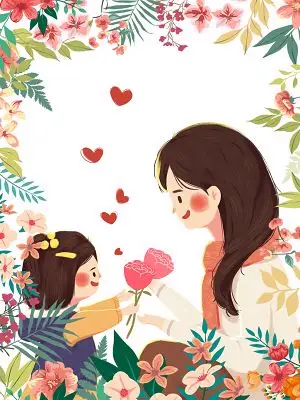 花边框母亲节妈妈和女儿粉色爱心粉色花朵