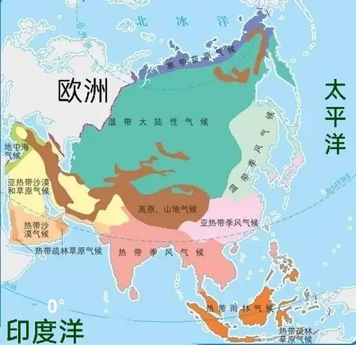 亚洲缺少温带海洋性气候.热带草原气候在阿拉伯半岛分布面积很少.