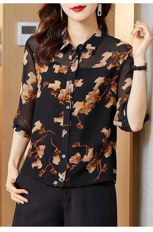 真丝上衣女桑蚕丝洋气衬衣夏装宽松半袖丝绸衬衫女 - 17网