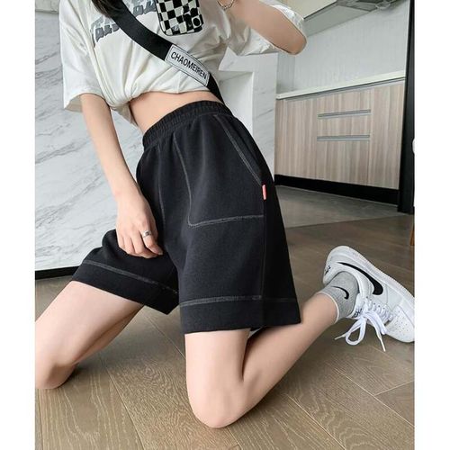 唐狮夏季新款休闲中裤女宽松运动短裤黑色高腰显瘦时尚五分裤