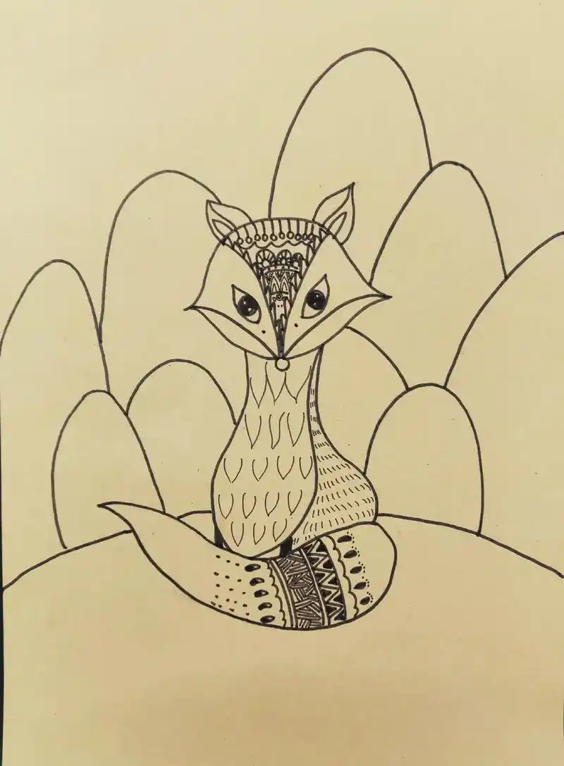 小狐狸#线描画#线条画#黑白装饰画#课件#美术课堂 - 抖音