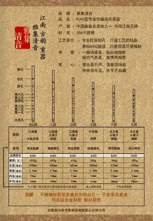 雅集清音品牌 收藏级师匠精制不锈钢笛子 加厚版竹笛形乐器金属笛-珍