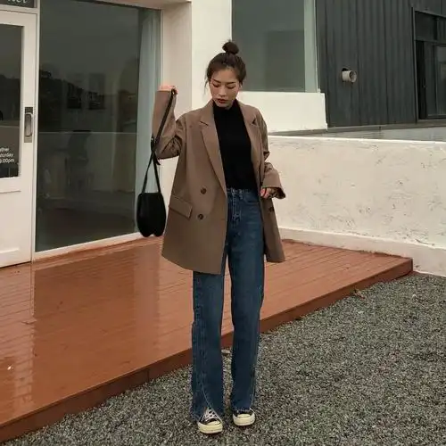 seeksimple直筒牛仔裤女2019新款宽松高腰阔腿喇叭开叉泫雅老爹裤