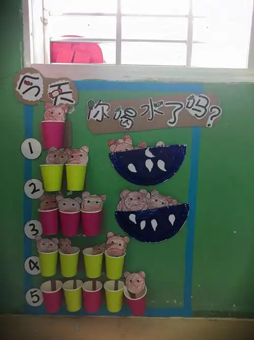 每个孩子通过自己喝水的多少,把自己的小熊插在对应的杯子里,让孩子