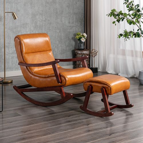 欧吉冠实木摇摇椅懒人沙发客厅阳台真皮休闲躺椅牛皮沙发摇椅