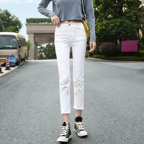 白色直筒小个子八分牛仔裤女显高腰cec网红宽松牛仔裤