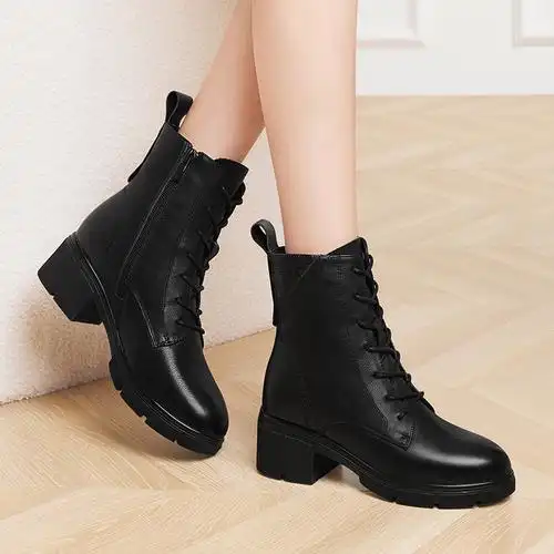 真皮小短靴女中筒棉皮靴秋冬季加绒中靴保暖加厚中跟高帮马丁靴子