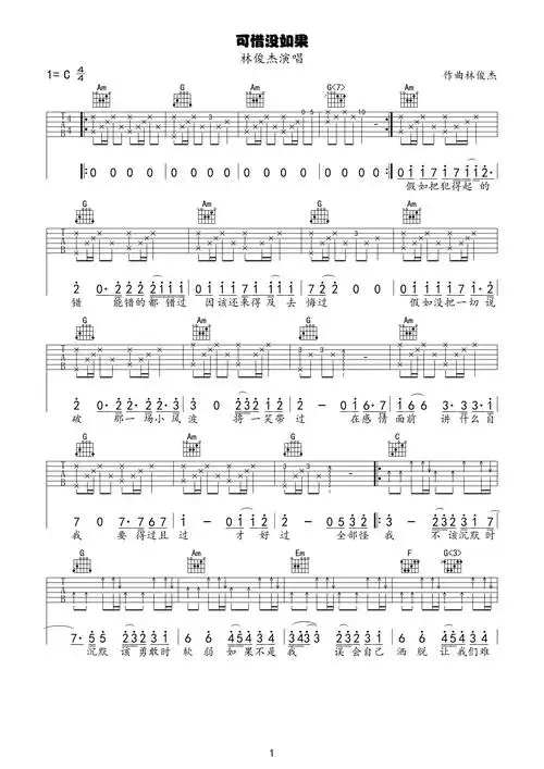 《可惜没如果》吉他谱六线谱c调_林俊杰
