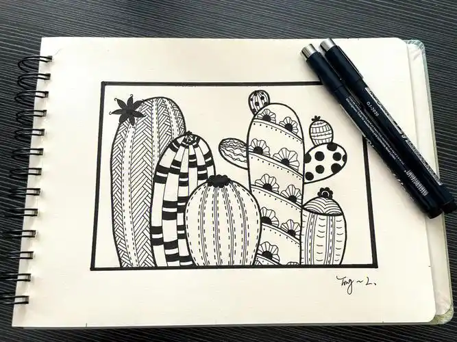 仙人掌黑白线条画控笔练习简单易临摹