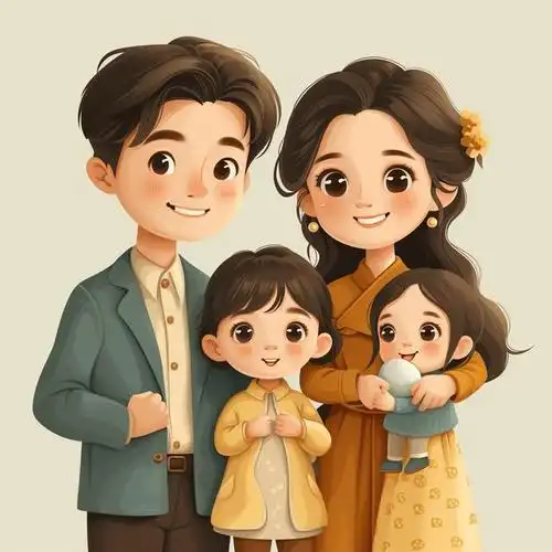 亲子头像|2024一家四口姐妹|亲子照卡通插画