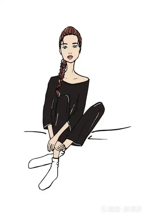 一位时尚女孩坐在睡衣里的矢量插图. 手绘涂鸦风格.