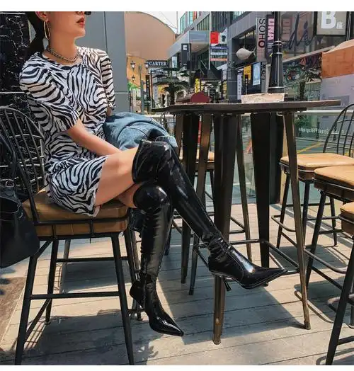 细高跟过膝长筒皮靴加长大腿靴有气质的漆皮长靴女弹力瘦瘦靴巴黎走秀