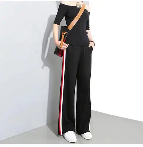 2017秋季新款韩版女装宽松直筒高腰阔腿裤休闲bf风潮流运动女裤子- 优