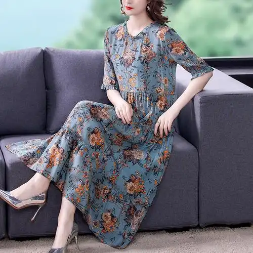 中年女装夏装真丝连衣裙