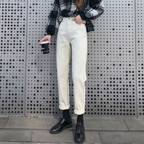 米白色牛仔裤女直筒高腰老爹裤小个子米色春秋2021年新款裤子秋冬
