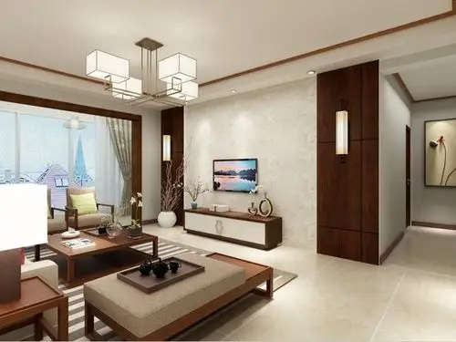 颜色让整个空间沐浴在中式风格的氛围中,加上现代几何形的吊灯,让新